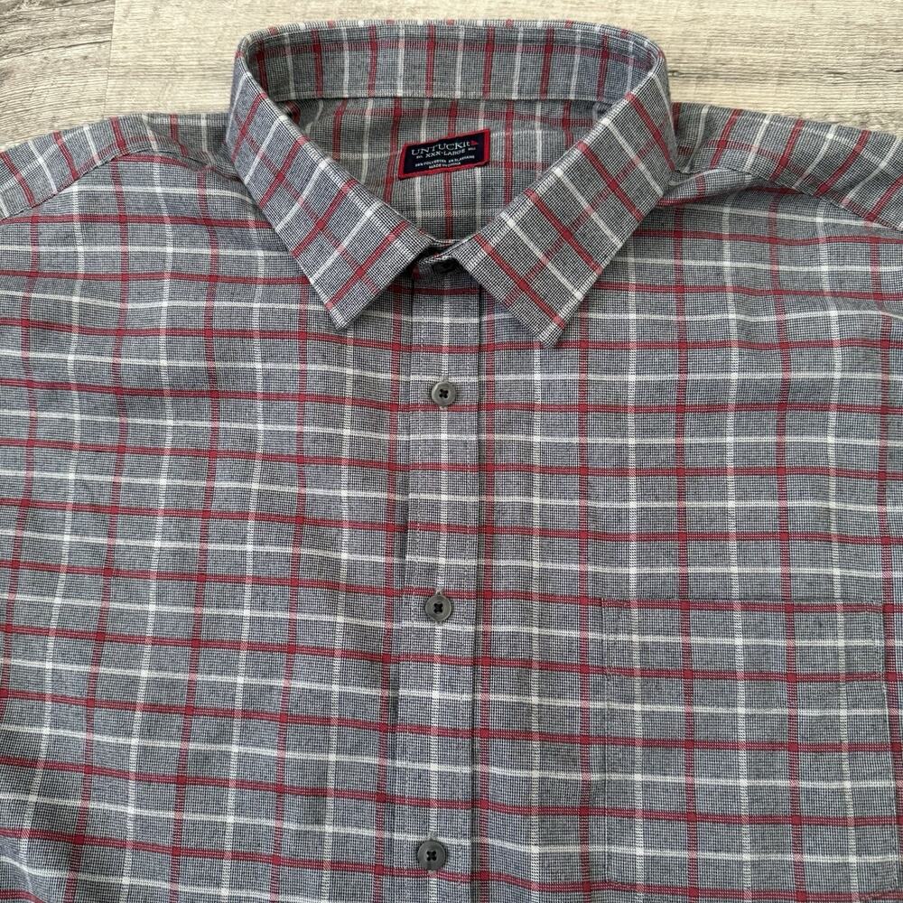 UNTUCKit Gunther Shirt Mens 3XL Reg Performance Stretch Flannel Gray Red Check